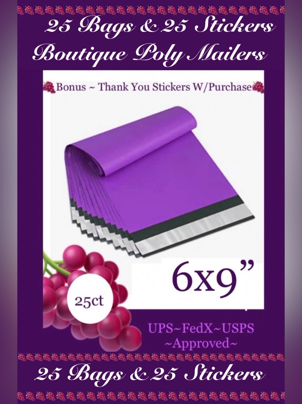 25ct ~ 6x9”~ Poly Mailer Bags 🍇🆕🍇
🍇 25ct Free Thank You Stickers